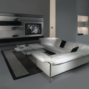 White corner sofa with wall unit and tv angle, bed, bed frame, couch, floor, furniture, interior design, mattress, product, product design, table, gray, black