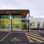 A view of the Pearson Publishing building. - architecture, building, corporate headquarters, facade, white, black