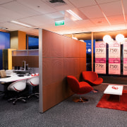 An interior view of the bank, carpet, red ceiling, interior design, office