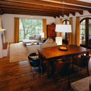 Antique and contemporary furniture pieces sit in harmony ceiling, dining room, floor, flooring, furniture, hardwood, home, house, interior design, living room, real estate, room, table, window, wood, wood flooring, brown