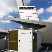 A view of the air conditioning system by architecture, building, roof, technology, gray