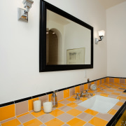 A view of bright yellow tiles edged with architecture, floor, flooring, interior design, room, tile, wall, gray, white