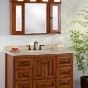 A view of some wooden cabinetry from Strasser bathroom, bathroom accessory, bathroom cabinet, cabinetry, chest of drawers, plumbing fixture, sink, brown, white, gray