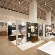 view of the new Kohler Chicago store showcasing ceiling, exhibition, interior design, brown, white