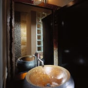 A close up view of the concrete sink, bathroom, interior design, room, black