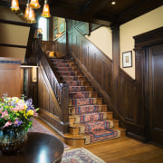 Interior view of the Entrance/waiting area and staircase ceiling, flooring, home, interior design, lobby, room, stairs, wood, black, brown
