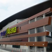 A view of the Vector Arena. - A architecture, building, commercial building, corporate headquarters, facade, metropolitan area, mixed use, sport venue, structure, black, white