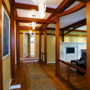 View of the modern living area featuring oak architecture, ceiling, floor, flooring, hardwood, home, house, interior design, lobby, real estate, room, wall, wood, wood flooring, brown