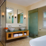 view of the bathroom featuring, freestanding bathtub, glass bathroom, ceiling, floor, home, interior design, real estate, room, gray