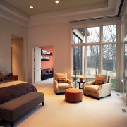 A view of the master bedroom. - A ceiling, estate, floor, home, interior design, living room, real estate, room, wall, window, brown