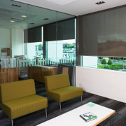 view of the hallway/casual area featuring Luxaflex Suncreens glass, interior design, office, window, black, white