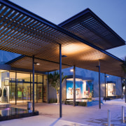 A view of the Sylvia Park shopping complex. architecture, daylighting, estate, facade, home, house, real estate, roof, shade, blue