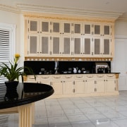 A view of a carpentry-built kitchen by Scullery cabinetry, countertop, cuisine classique, flooring, furniture, interior design, kitchen, room, window, gray