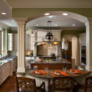 A view of this new Kitchen Designed by cabinetry, ceiling, countertop, cuisine classique, dining room, interior design, kitchen, room, brown, gray