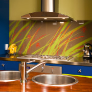 view of this kitchen featuring walnut and stainless countertop, furniture, interior design, kitchen, room, table, brown