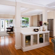 A view of the kitchen area, wooden flooring, floor, interior design, living room, real estate, room, window, gray