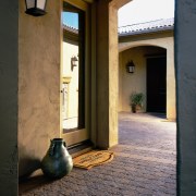 Outdoor entrance area with Bergerac pavers. - Outdoor alley, architecture, building, door, facade, home, house, shadow, window, black, brown