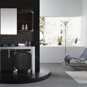 A view of a glass vanity fromInter New angle, bathroom, bathroom accessory, bathroom cabinet, floor, furniture, interior design, product design, room, gray, black