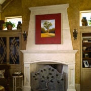 View of custom designed Scagliola stone   fireplace, furniture, hearth, home, interior design, brown