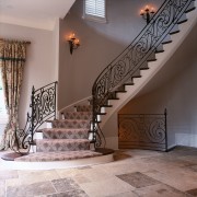 View of spiral staircase with oak treads and baluster, estate, floor, flooring, handrail, home, interior design, iron, property, stairs, wall, gray, brown