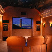 View of home theatre room with orange coloured ceiling, entertainment, home, interior design, lighting, room, theatre, red