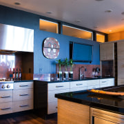 A view of the entire kitchen, wooden flooring, cabinetry, ceiling, countertop, hardwood, home, interior design, kitchen, room, gray