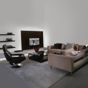 Contemporary lounge furniture with sectional sofa, black armchair angle, chair, coffee table, couch, floor, furniture, interior design, living room, product, product design, table, gray