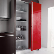 View of this kitchen cabinetry in oriental red bathroom accessory, bathroom cabinet, cabinetry, display case, furniture, product design, shelf, shelving, wardrobe, gray, white