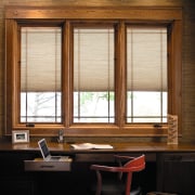 View of home office with fabric shades set architecture, furniture, home, interior design, table, window, window covering, wood, brown, black