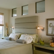 View of bedroom with green/cream walls, cutout panels bed, bed frame, bedroom, ceiling, furniture, home, interior design, real estate, room, wall, window, window covering, window treatment, wood, gray, brown