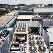 A view of the major Air Conditioning plant city, roof, white, black