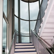 Interior view of the glass atrium from the architecture, building, daylighting, glass, handrail, line, stairs, structure, window, gray, white