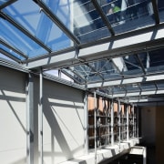 A view of the interior space of the architecture, building, daylighting, structure, black, white