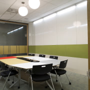 View of the office furniture supplied by the ceiling, classroom, conference hall, interior design, office, room, table, gray