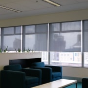 A view of the metalised black blinds installed conference hall, daylighting, glass, interior design, office, shade, window, window blind, window covering, window treatment, gray