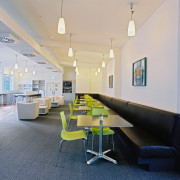 View of the cafeteria  featuring tables, lime architecture, ceiling, conference hall, daylighting, furniture, interior design, office, real estate, table, gray