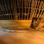 A view of the Firjian kauri clad bowl architecture, structure, tourist attraction, wood, brown, orange