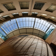 A view of the Firjian kauri clad bowl arch, architecture, building, ceiling, daylighting, daytime, line, roof, structure, symmetry, brown