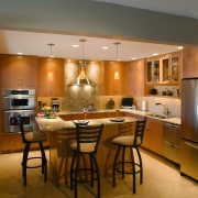 A view of frameless cabinets in alder, with cabinetry, ceiling, countertop, cuisine classique, dining room, interior design, kitchen, room, brown, gray