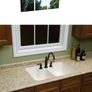 A view of this kitchen featuring granite benchtops bathroom accessory, bathroom cabinet, cabinetry, countertop, glass, sink, window, white, brown