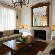 A view of the lounge area, wooden floorong ceiling, floor, furniture, home, interior design, living room, room, table, brown, gray