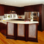 A view of a kitchen by NKBA. - cabinetry, countertop, cuisine classique, floor, flooring, furniture, hardwood, interior design, kitchen, room, wood flooring, wood stain, red, brown