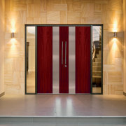 A view of a door from William Russell door, floor, flooring, interior design, lobby, gray, orange