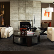 A view inside this sub-penthouse, contemporary elements, such coffee table, couch, floor, flooring, furniture, hearth, home, interior design, living room, loveseat, room, table, wall, black, white