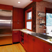 A view of frameless cabinets in alder, with cabinetry, countertop, cuisine classique, home, interior design, kitchen, real estate, room, red