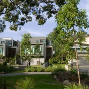 A view of the Visage Development, developed by architecture, condominium, cottage, estate, home, house, mixed use, neighbourhood, plant, property, real estate, residential area, tree, brown