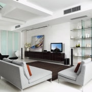 A view of some home applaices brought from furniture, interior design, living room, table, white, gray