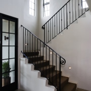 A view of some coloured concrete flooring by architecture, baluster, daylighting, glass, handrail, home, house, interior design, iron, stairs, structure, gray