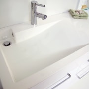 A view of a bathroom vanity from Architectural bathroom, bathroom accessory, bathroom cabinet, bathroom sink, ceramic, plumbing fixture, product, product design, sink, tap, toilet seat, white