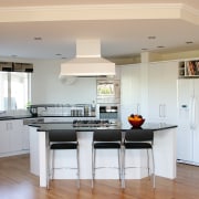 A view of this home hiding the facade cabinetry, ceiling, countertop, cuisine classique, floor, flooring, hardwood, interior design, kitchen, real estate, room, wood flooring, gray, white